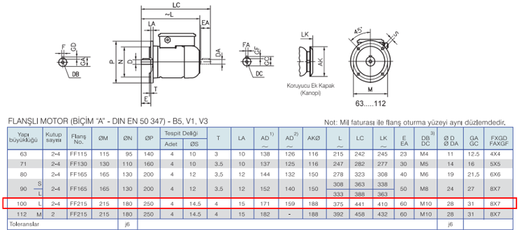 GAMAK 3 kw 3000 D/D (MSD 100 L 2) 220 volt Monofaze Elektrik Motoru B5 Ayaksız Flanşlı Yapı Biçimi Boyut Tablosu